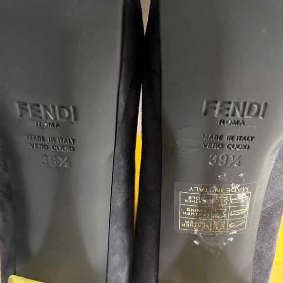 Suede gray Fendi platforms with neon yellow heels. - Picture 4 of 13
